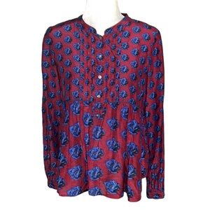 RARE J.Crew Burgundy Red & Blue Floral Rose Printed Pintucked Pleated Top - 6